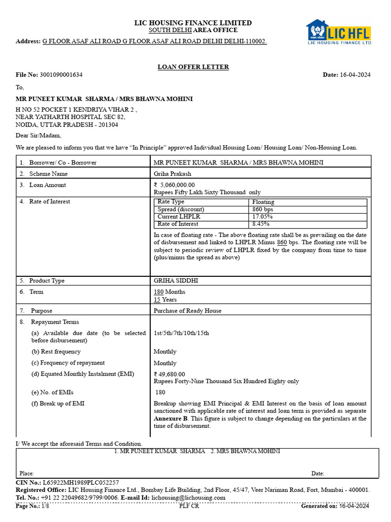 LIC Home Loan Sanction Letter Sample | PDF | Loans | Mortgages