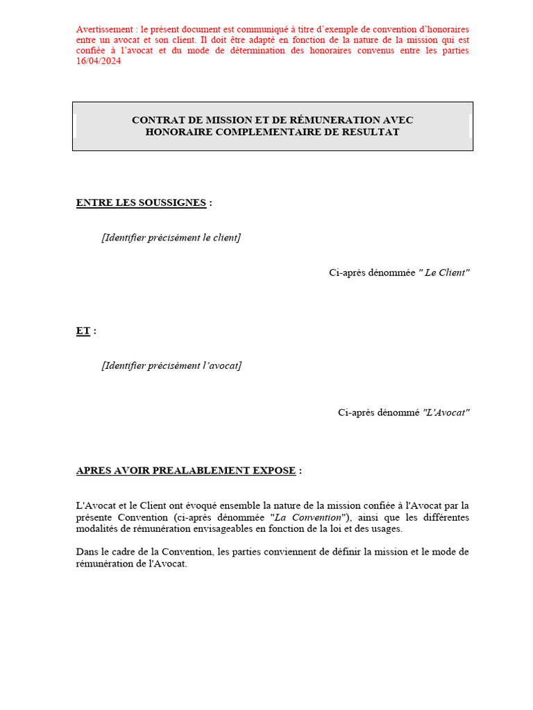 Mod le De Convention D honoraires Avocat PDF Avocat