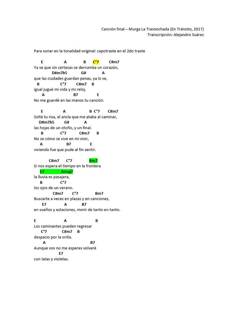 Acordes Canción Final - La Trasnochada (En Tránsito) | PDF | Acorde ...