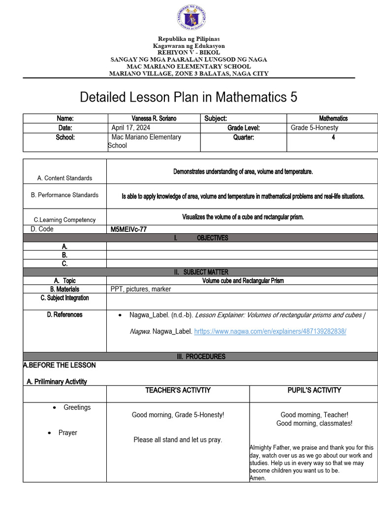 Grade 5 Math Lesson Plan: Volume Concepts | PDF | Area | Lesson Plan