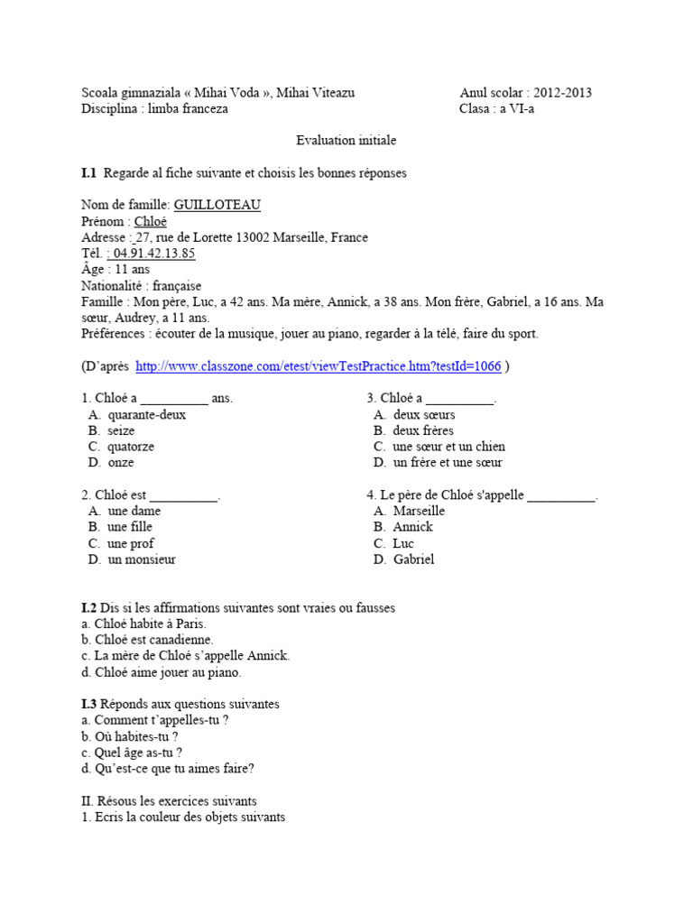 Test initial de français - Classe 6 | PDF