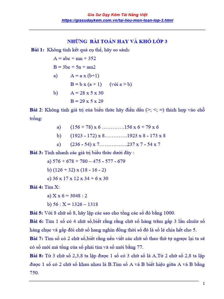 Nhung Bai Toan Hay Va Kho Lop 3 Nhung Bai Toan Hay Va Kho Lop 3 | PDF