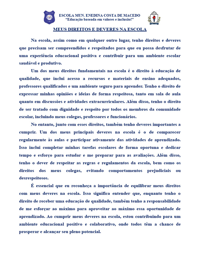 Direitos e Deveres do Aluno na Escola | PDF | Aprendizado | Escolas