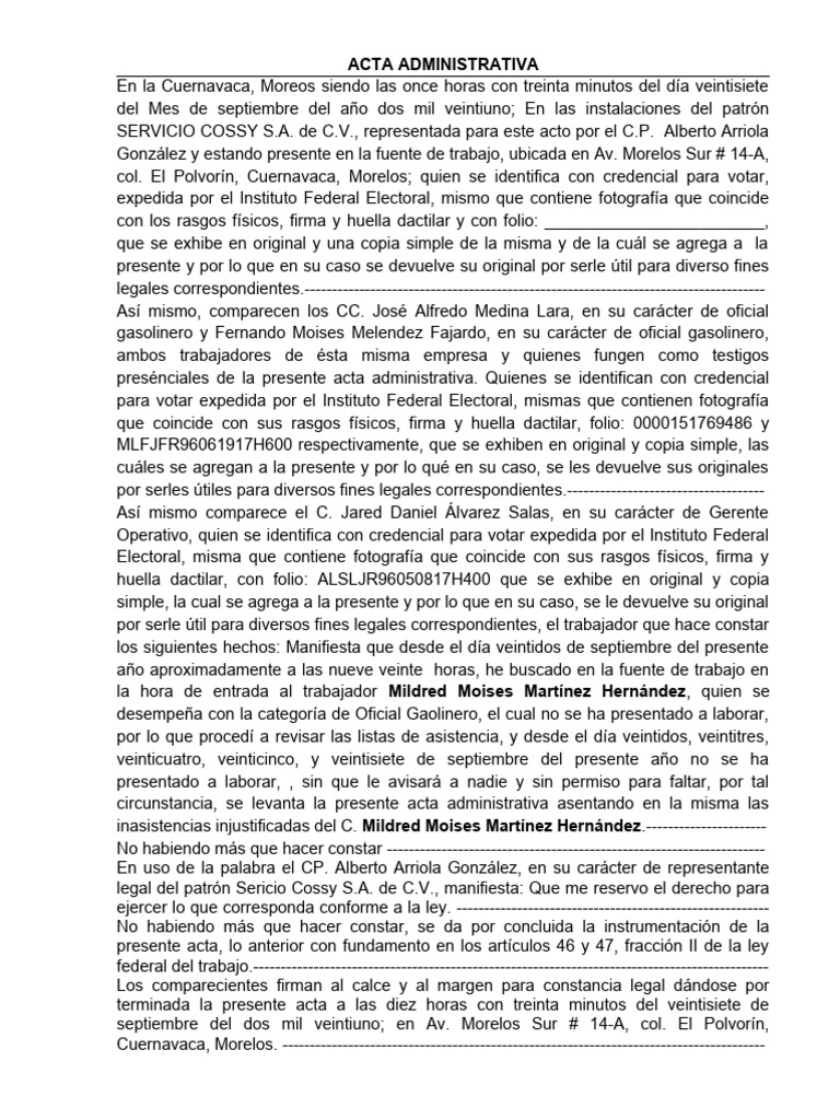 Acta Administrativa Faltas Descargar Gratis Pdf Gobierno