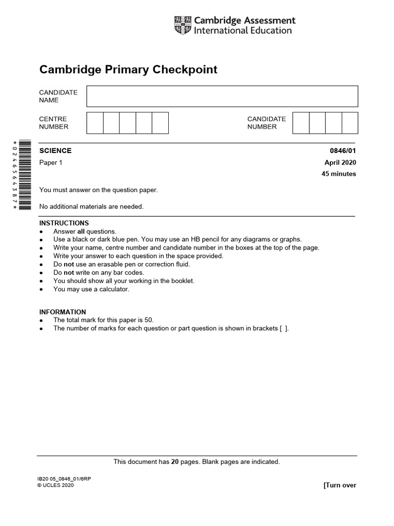 Cambridge primary checkpoint science 0846 april 2020 paper 1