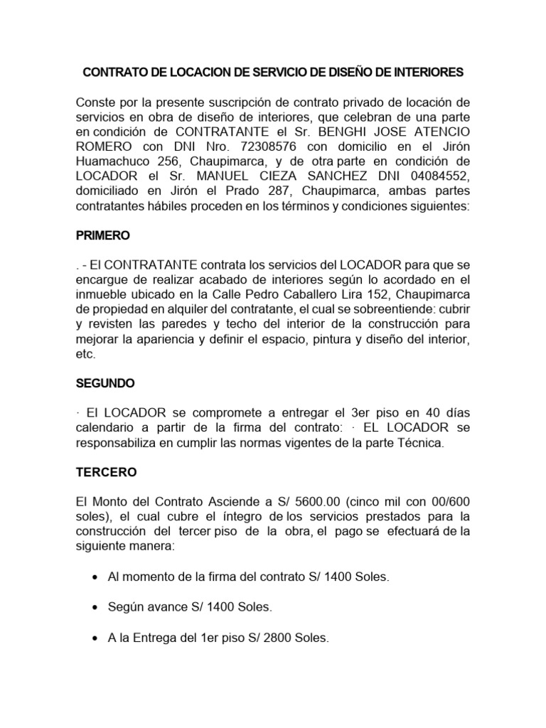 Contrato de Diseño de Interiores en Chaupimarca | PDF