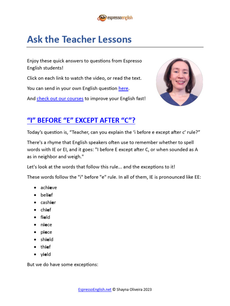 Espresso English Ask The Teacher Lessons Pdf Grammar Linguistic