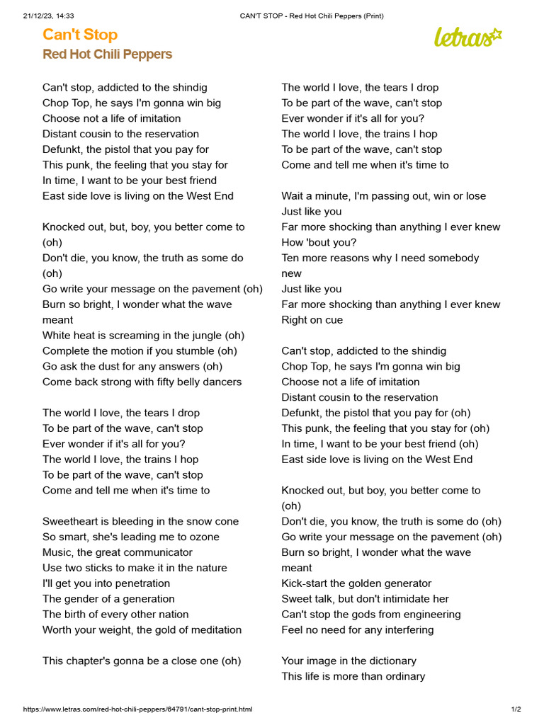 CAN'T STOP - Red Hot Chili Peppers (Print) | PDF | Songs Written