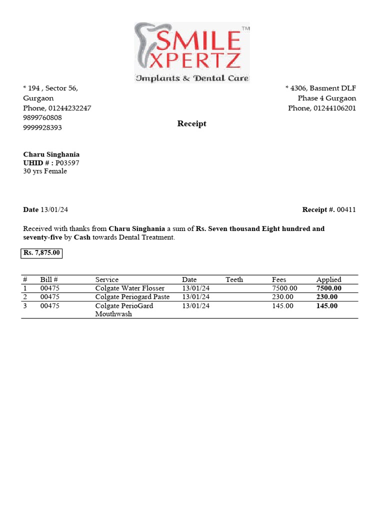 Dental Treatment Receipt | PDF