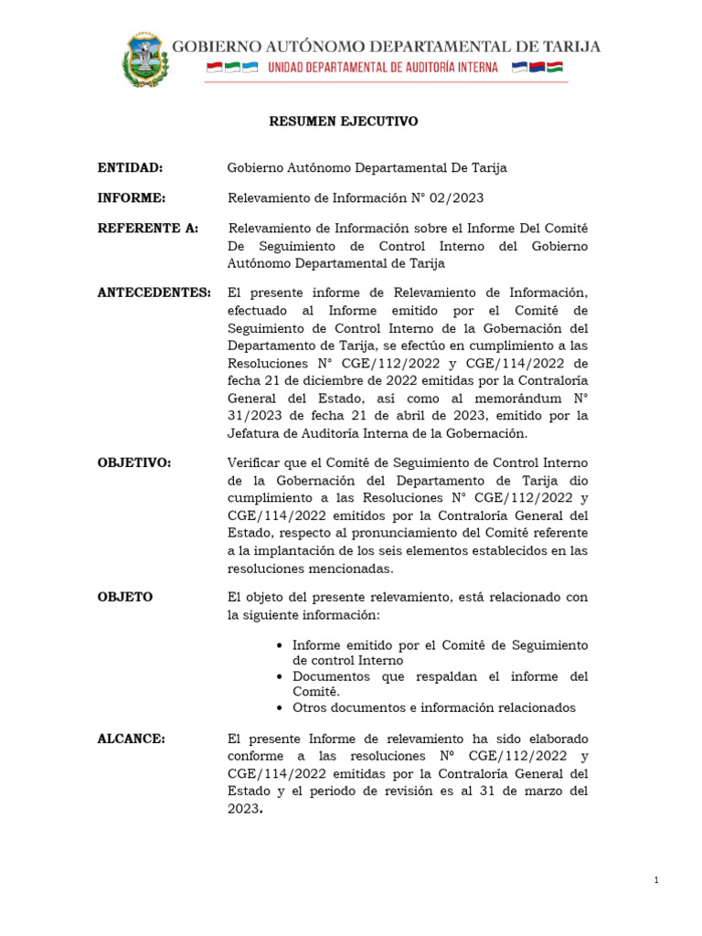 Informe de Control Interno Tarija 2023 | PDF | Regulación | Gobierno