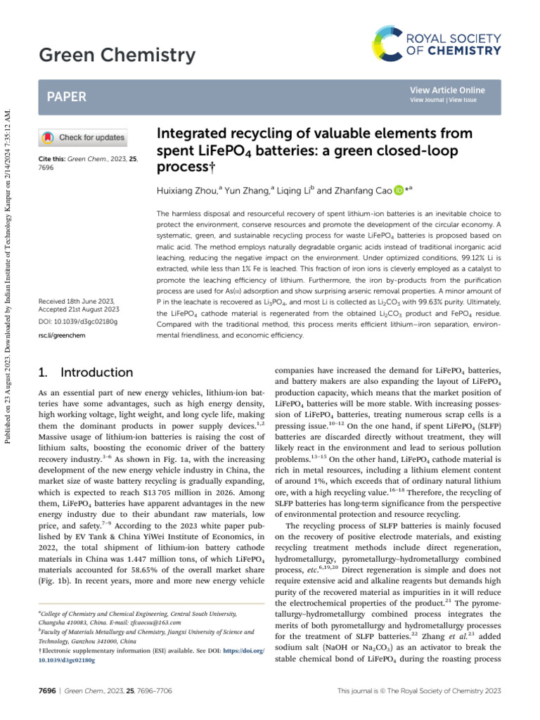Integrated recycling of valuable elements from LFP | PDF | Lithium Ion ...