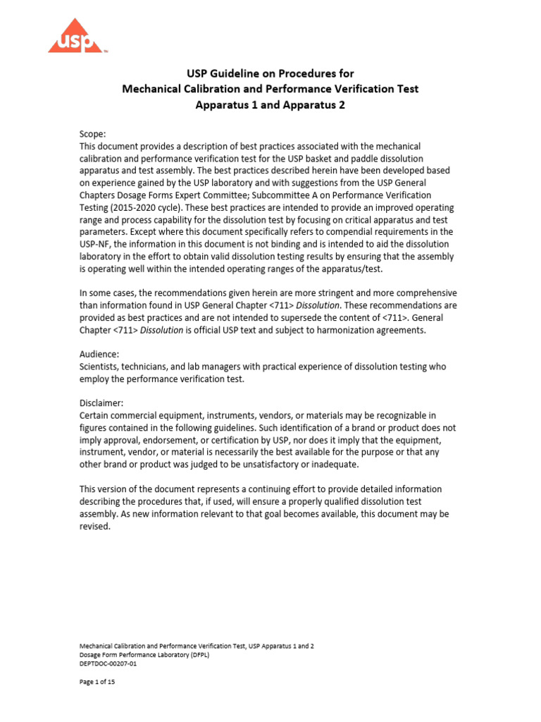 USP Dissolution Apparatus Calibration Guide | PDF | Verification And ...