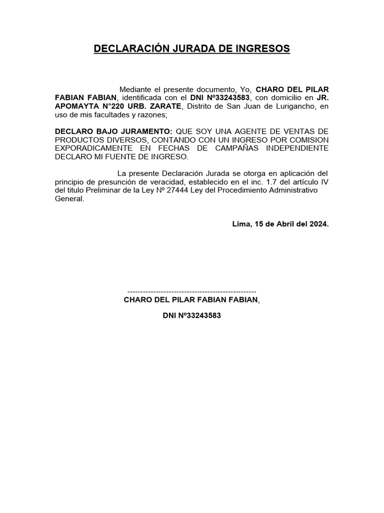 Declaración Jurada de Ingresos 2024 | PDF