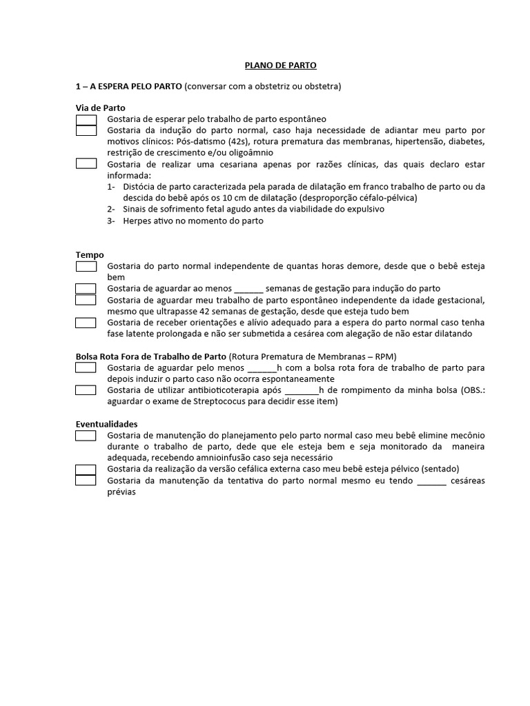 Plano de Parto - Modelo Hospitalar (Braulio) | PDF | Parto | Gravidez