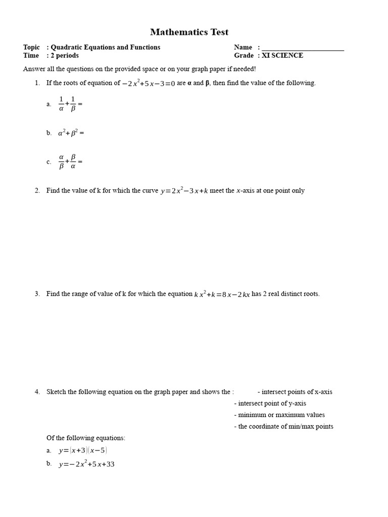 Quadratic Equations Test for XI Science | PDF