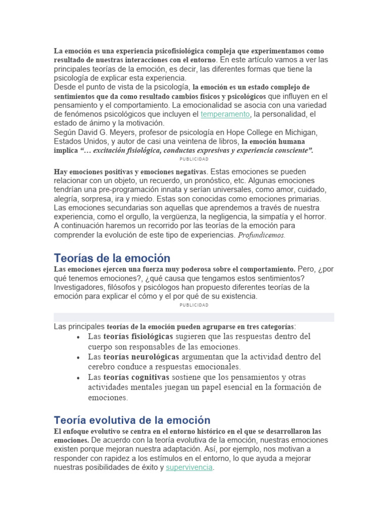 Teorías de la emoción en psicología | PDF | Las emociones | Experiencia