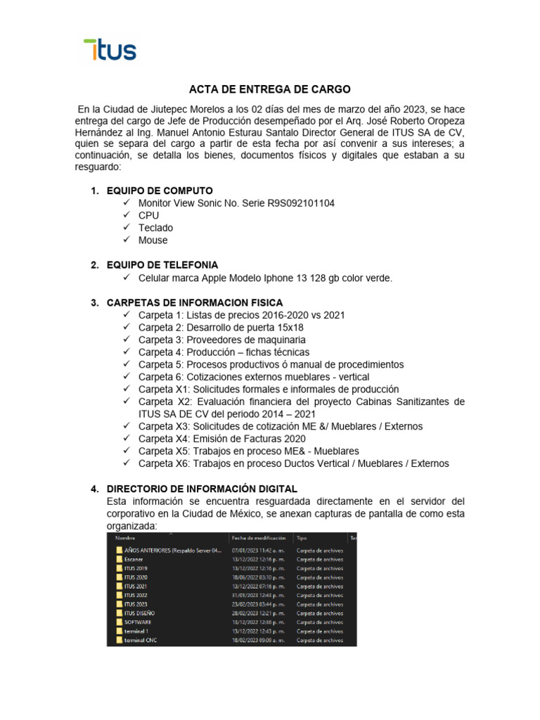Acta de Entrega de Jefe de Producción | PDF | Equipo de oficina ...