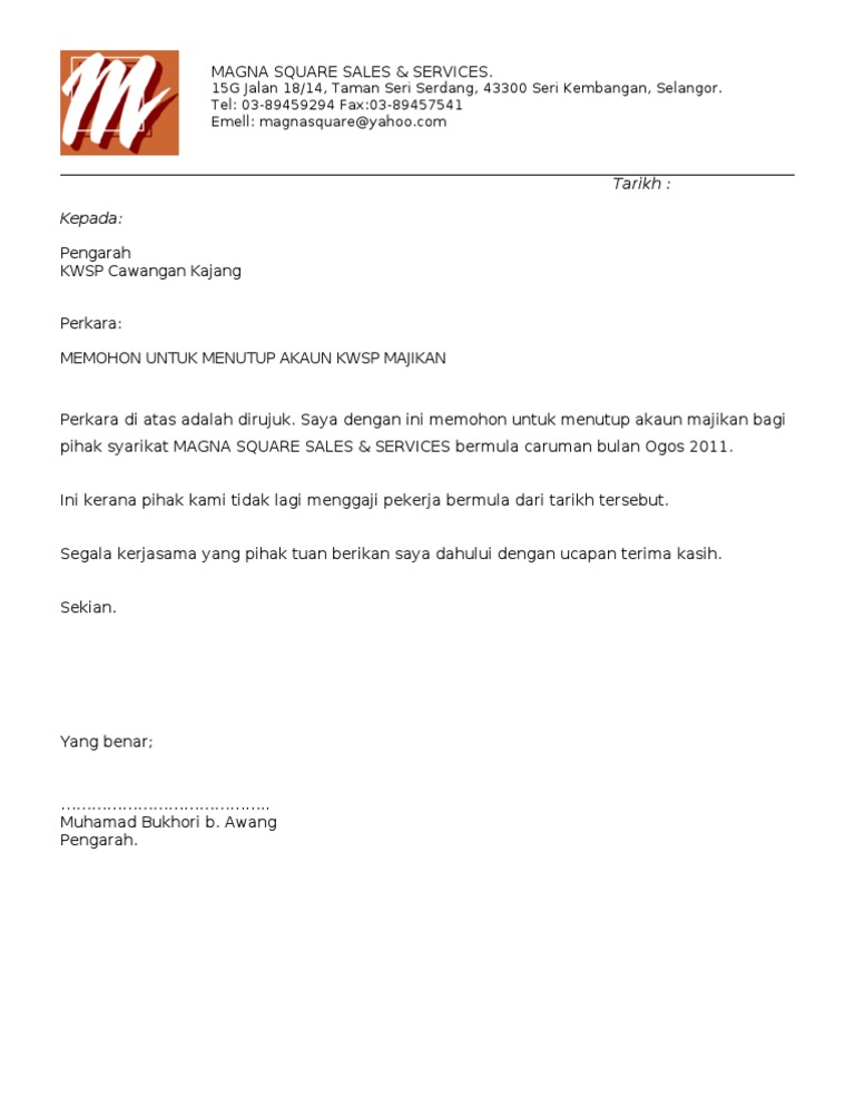 Contoh Surat Pemberhentian Caruman Kwsp