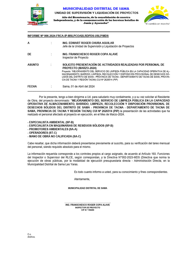 INFORME #006-2024-FRCA-IP-MCURLMSGT-USLP-MDS-Solicito Informe de ...