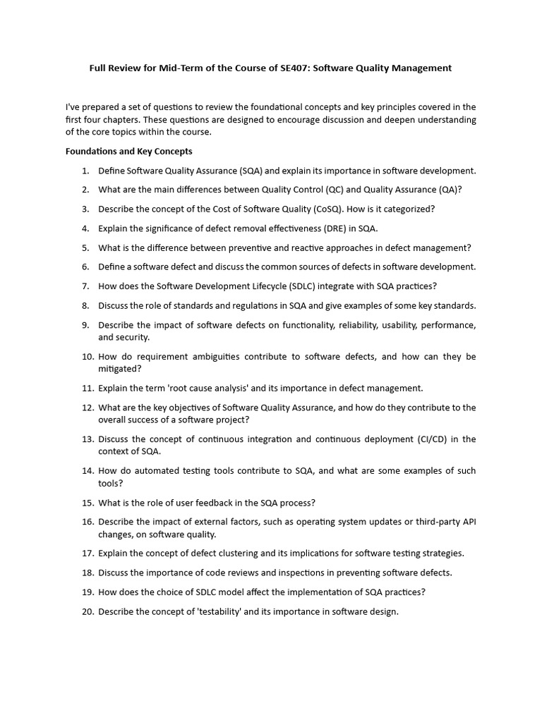 Review For The SE407 Software Quality Management - To Be Uploaded | PDF ...