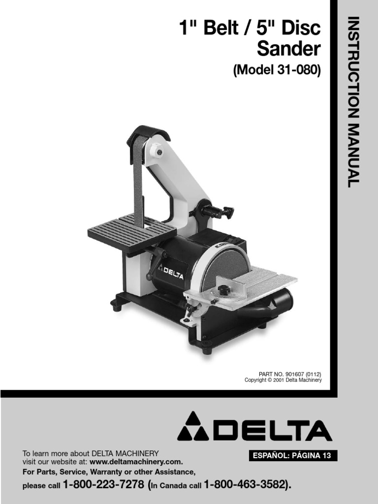 Delta Model 31 080 1 Belt Sander Manual Download Free PDF Ac Power