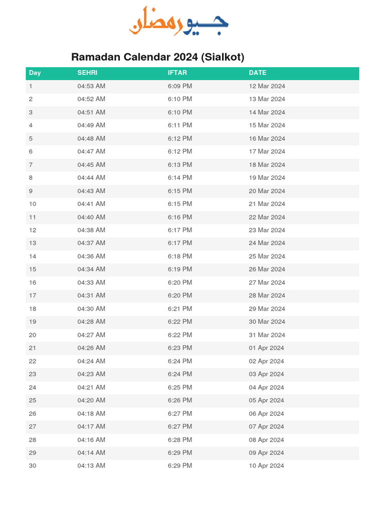 Sialkot Ramadan Calendar 2025 Georamadan PDF