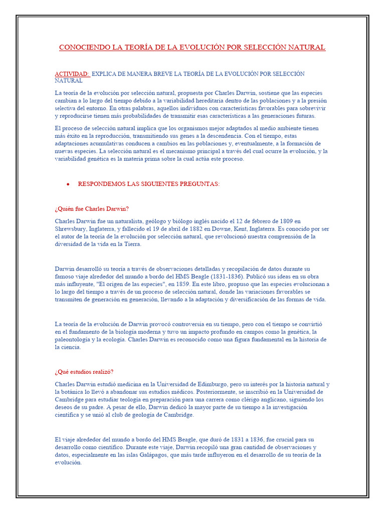 Teoría de la Evolución y Selección Natural | PDF | Evolución ...