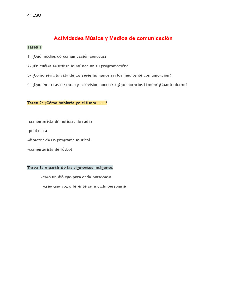 Actividades de Música y Medios 4º ESO | PDF