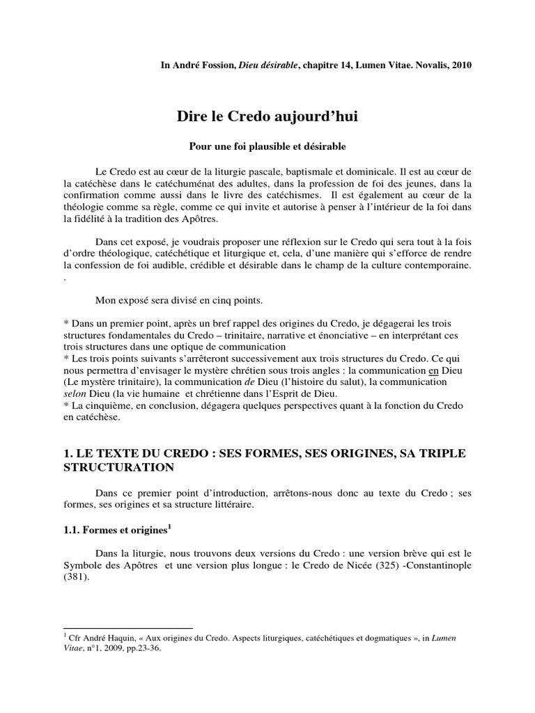 Le Credo : Foi et Communication Aujourd'hui | PDF | Catéchisme | Trinité