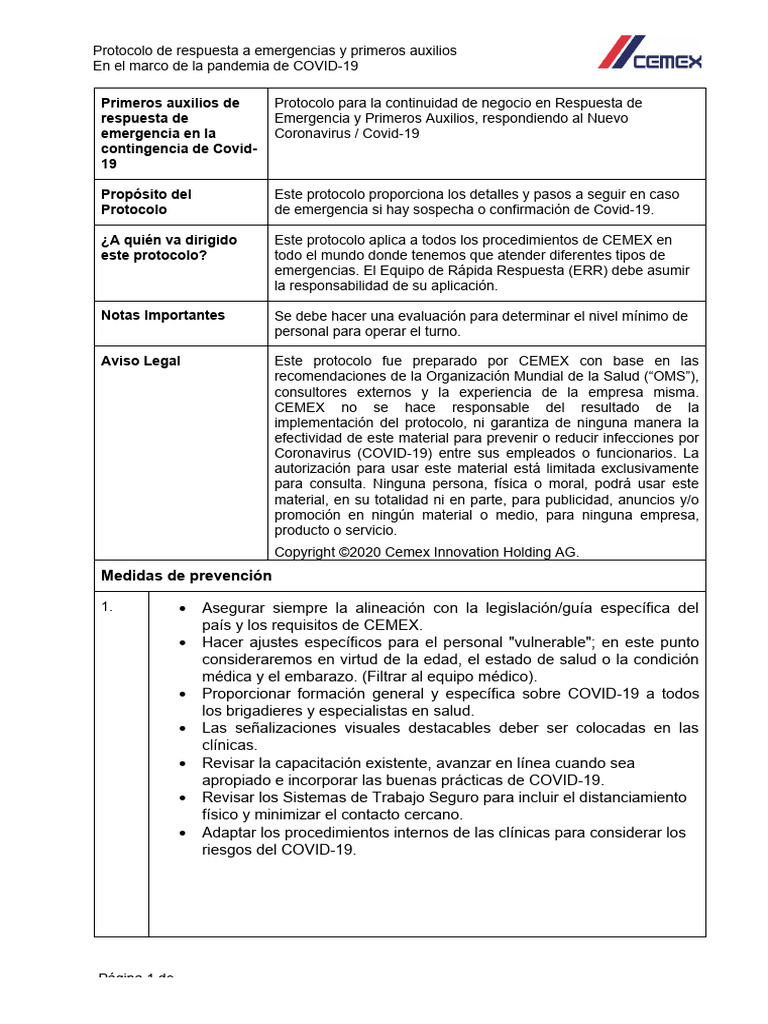 CEMEX-COVID-19 Protocolo de Respuesta A Emergencias y Primeros Auxilios ...