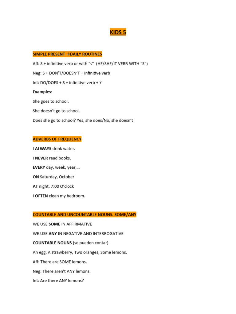 Kids' Guide to Daily Routines & Tenses | PDF | Adjective | Verb