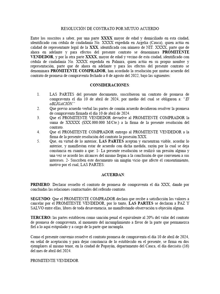 Resolución de Contrato por Mutuo Acuerdo | PDF