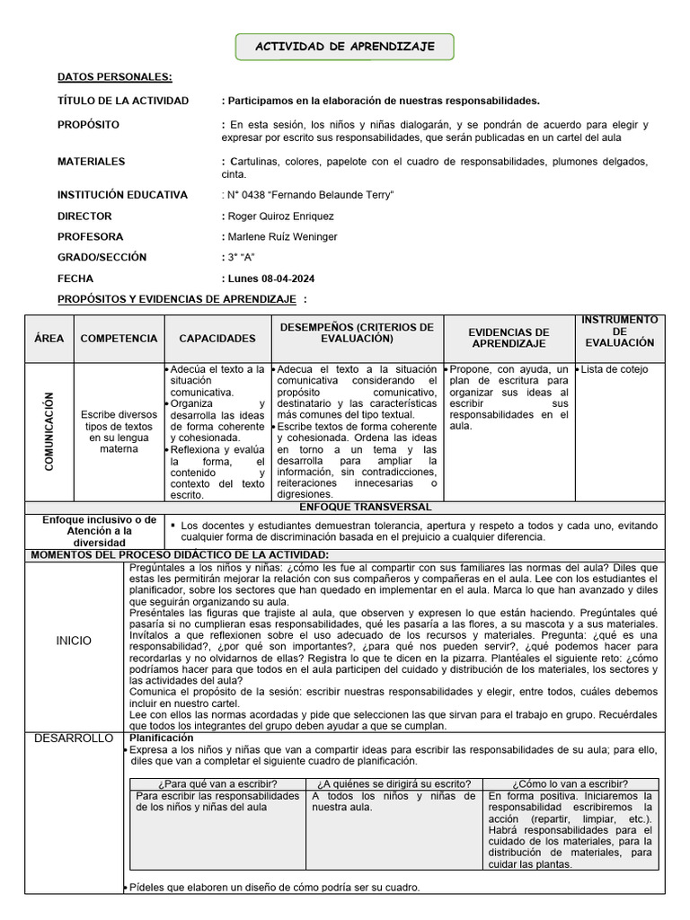 Responsabilidades en el Aula: Actividad Escolar | PDF | Salón de clases ...