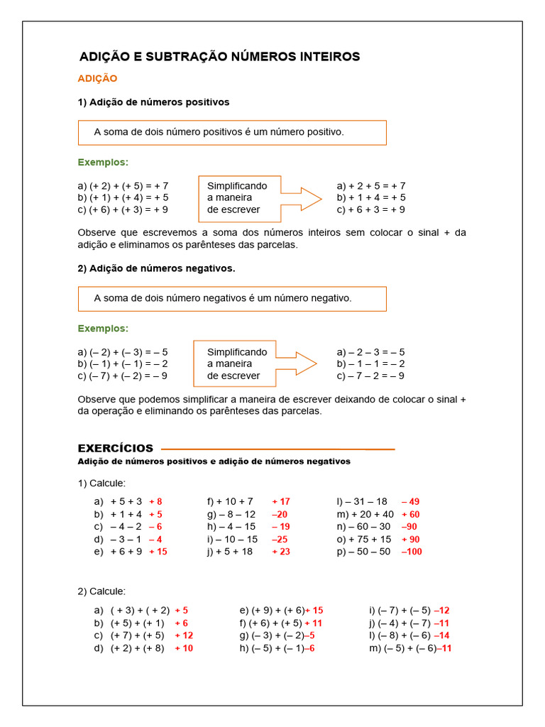 Adição de Números Inteiros | PDF | Número inteiro | Aritmética