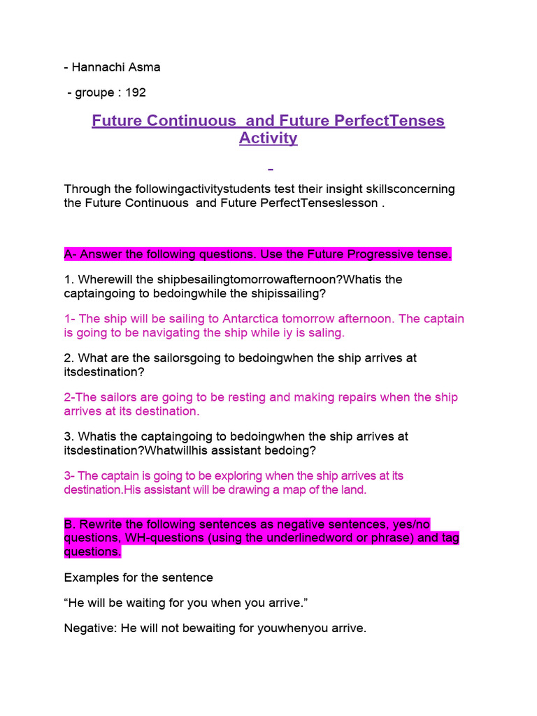 Future Continuous and Future PerfectTenses Activity | PDF | Question ...