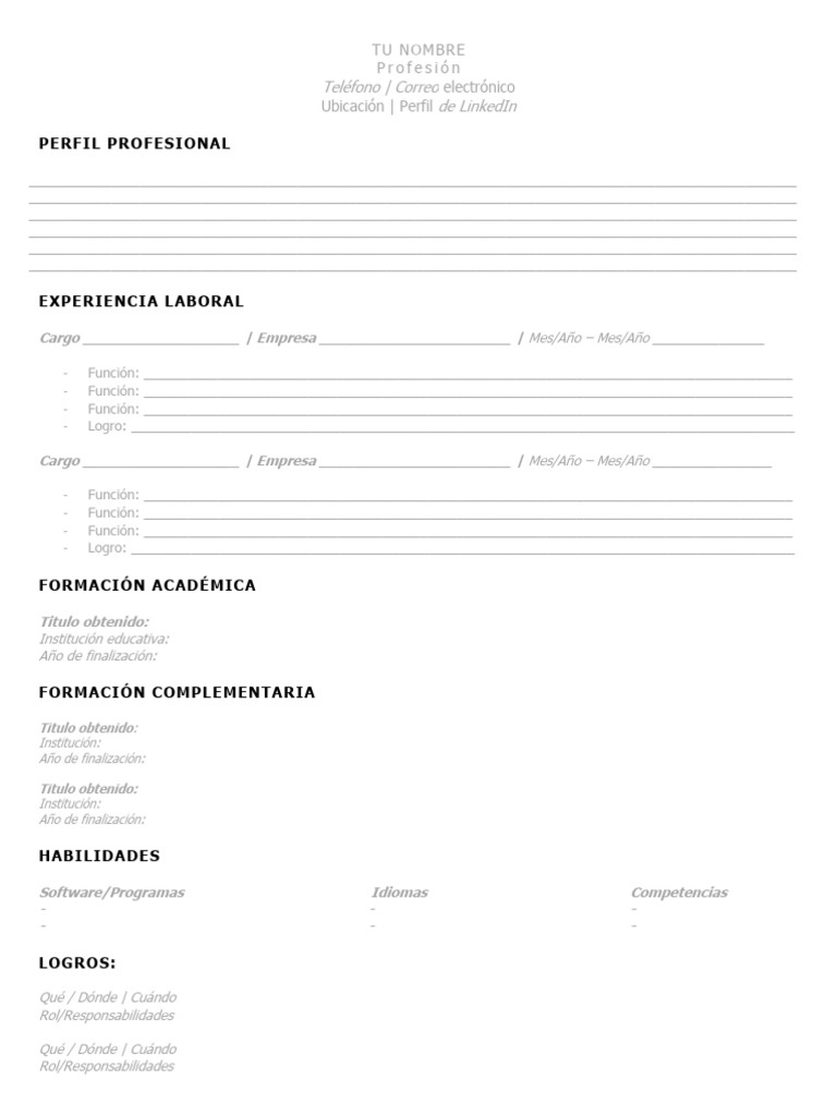Hoja de vida formato ats pdf