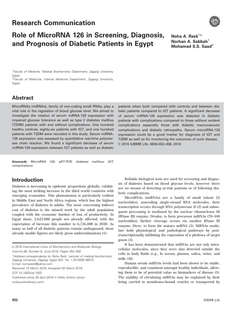 Role of MicroRNA 126 in Screening, Diagnosis, and Prognosis of Diabetic ...