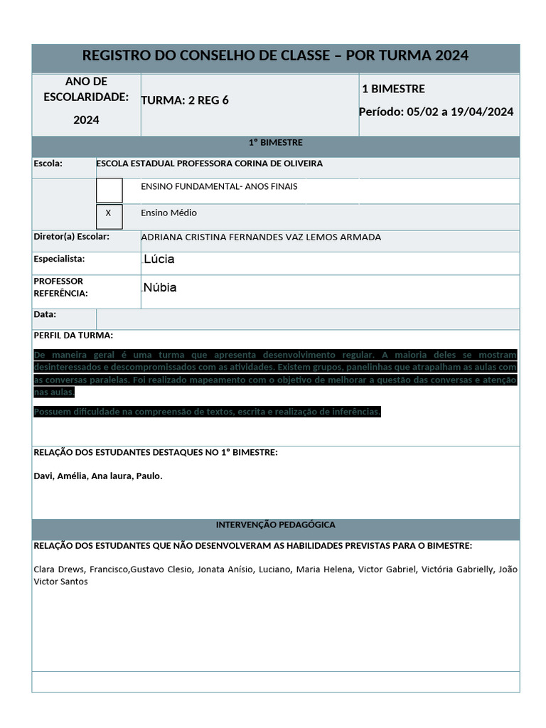 Registro do Conselho de Classe 2024 | PDF