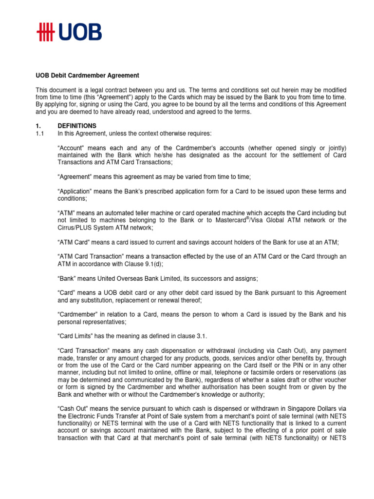 UOB Debit Cardmember Agreement | PDF | Debit Card | Transaction Account