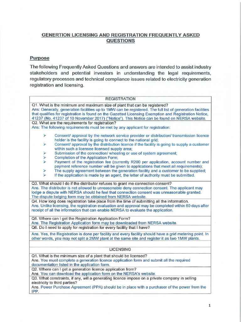 Generation Licensing and Registration Frequently Asked Questions | PDF