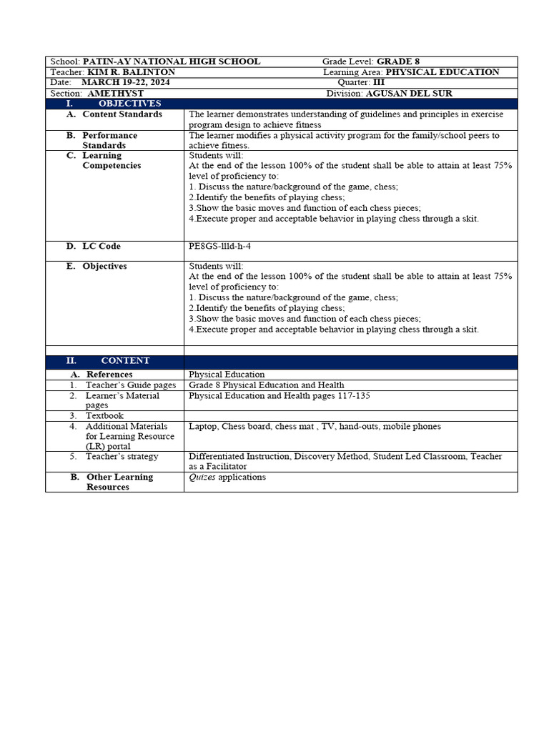 Chess Lesson Plan for Grade 8 | PDF | Physical Education | Chess