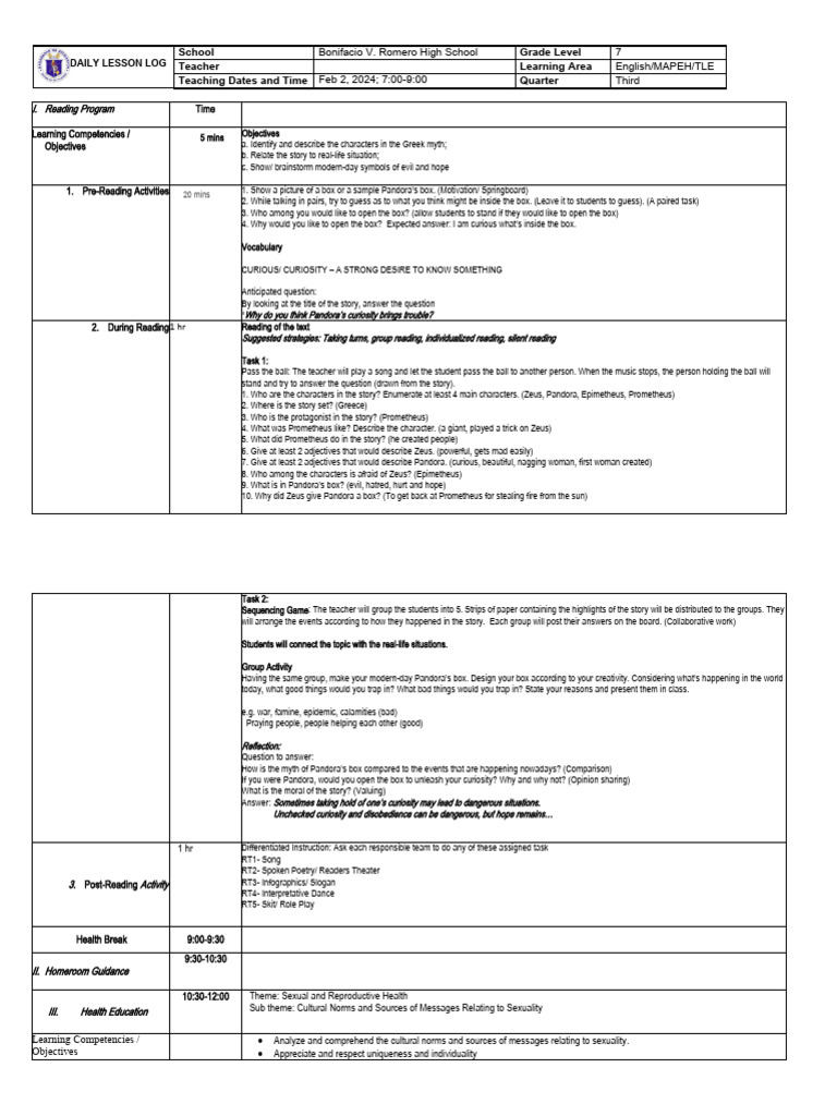 Grade 7 English Daily Lesson Plan | PDF | Prometheus | Learning