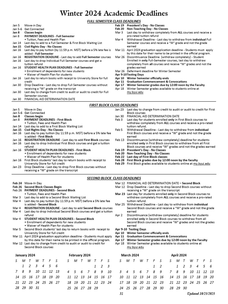 Winter 2024 Academic Calendar Deadlines PDF Tuition Payments