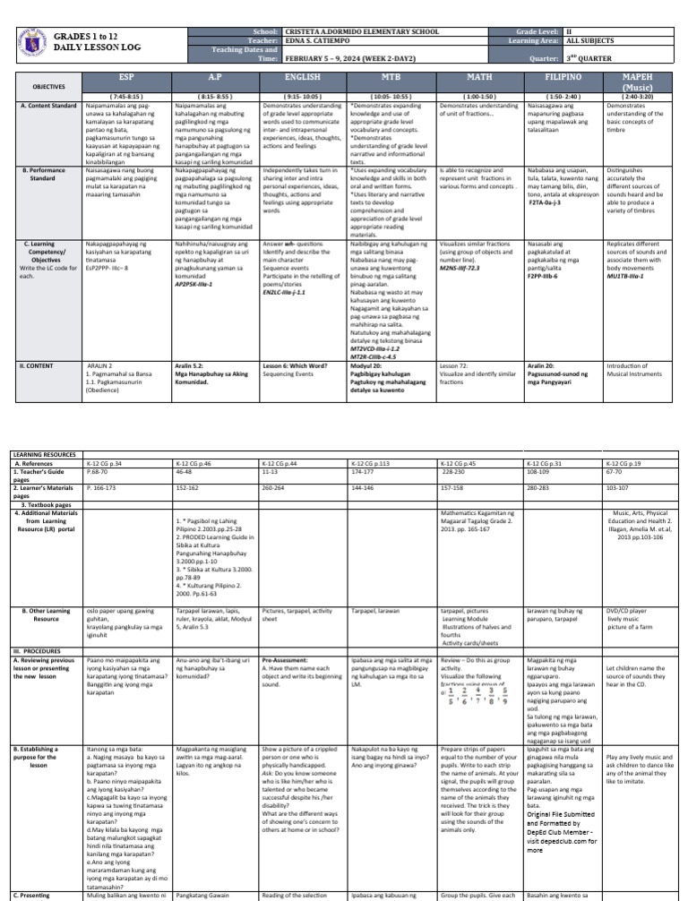 Grade 2 Daily Lesson Log: Feb 2024 | PDF | Human Communication | Cognition