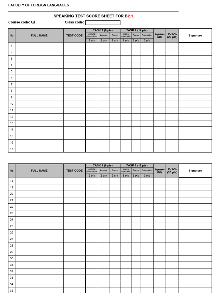 B2.1 B2.2 A1/A2 Speaking Test Score Sheet | PDF | Fluency | Human Voice