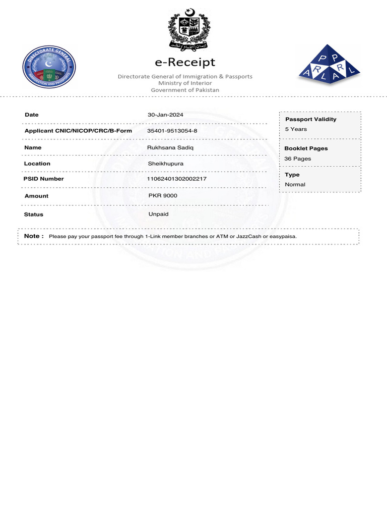E-Receipt: Directorate General of Immigration & Passports Ministry of ...