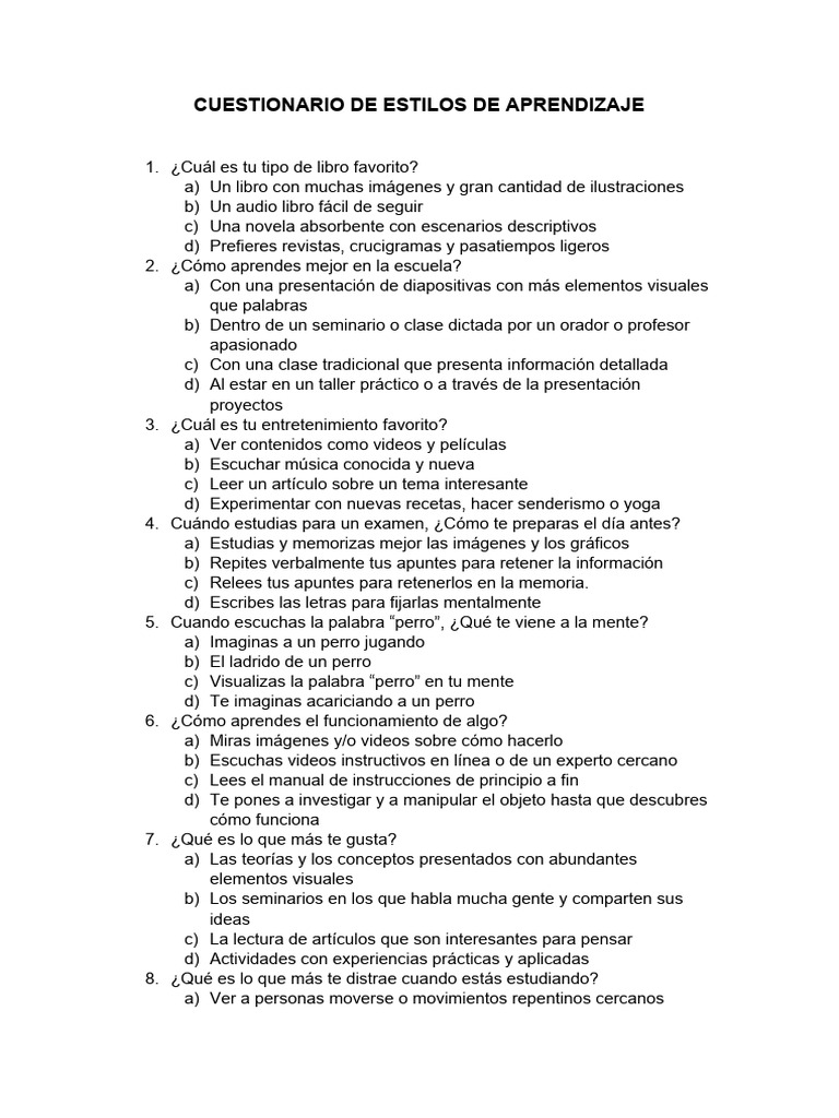 Cuestionario de Estilos de Aprendizaje | PDF | Ciencia cognitiva ...