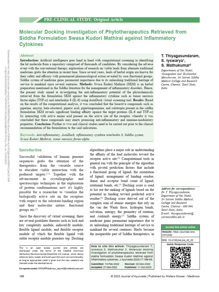 Docking Study of Swasa Kudori Mathirai | PDF | Docking (Molecular ...