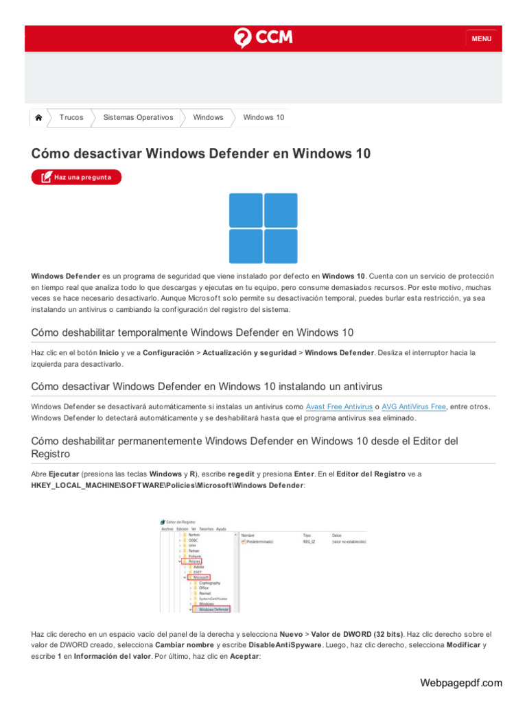 Como Desactivar Windows Defender En Windows 10 Pdf Microsoft