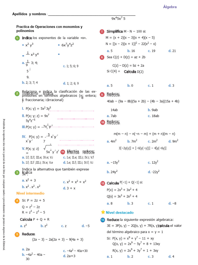 Practica de Monomios y Polinomios Sesion 3 | PDF | Álgebra | Álgebra ...